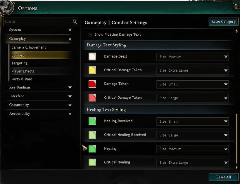 ashes of creation damage text styling setting